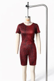 Women Snake Print Round Neck Short-Sleeve Top and Shorts Two-Piece Set
