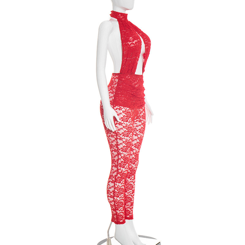 See-Through Backless Hollow-Out Lace Jumpsuit for Club Wear
