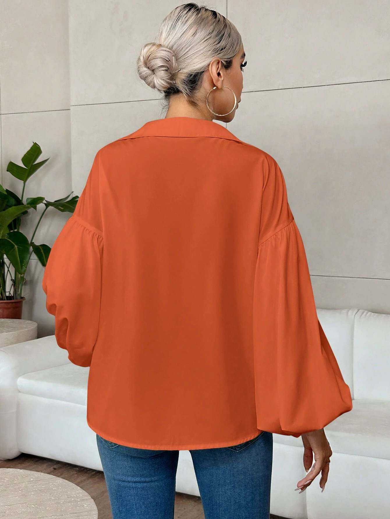 French Polka Dot Half-Open Neckline Puff Long-Sleeve Top