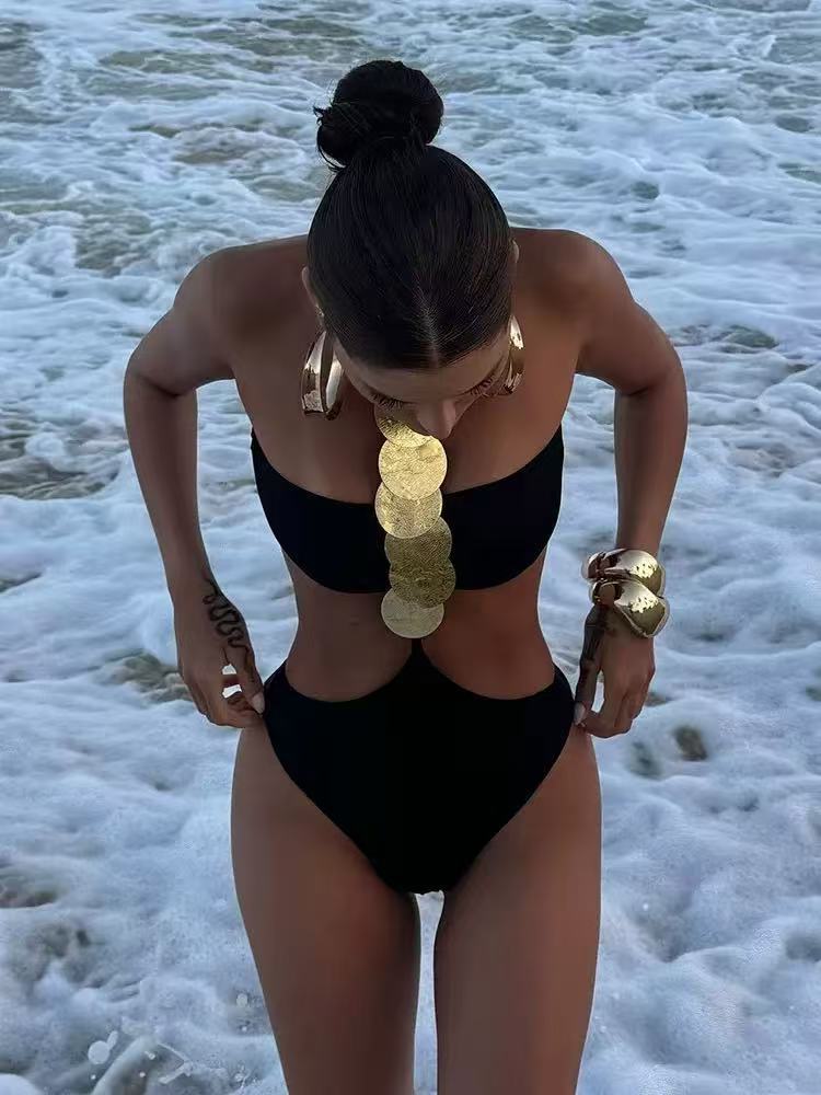Black Backless Lace-Up Two-Piece Bikini Swimsuit