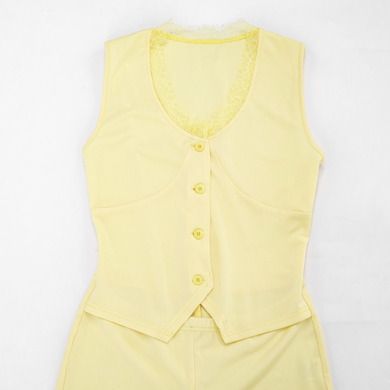 U-Neck Lace Button Front Slit Sleeveless Jumpsuit