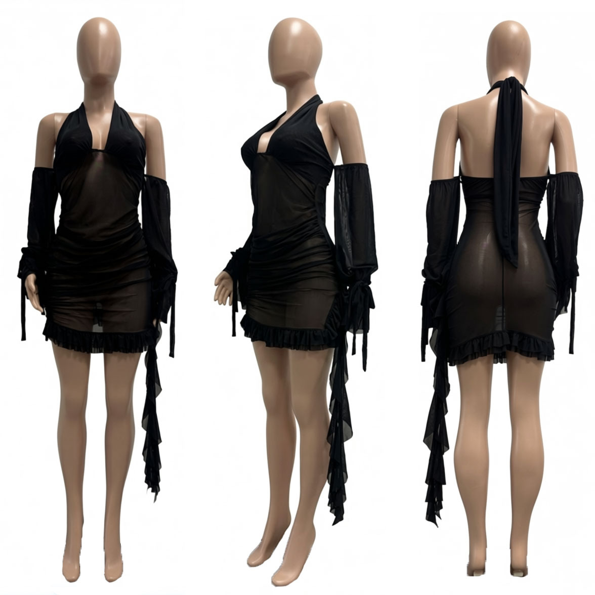 Mesh See-Through Halter Backless Lace-Up Pleated Dress