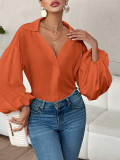 Women French polka dot half-open neckline puff long-sleeved top