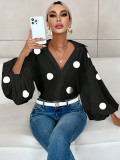 Women French polka dot half-open neckline puff long-sleeved top