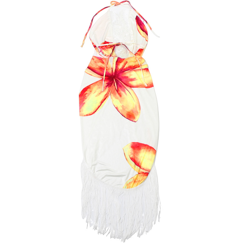 Printed Halter Backless V-Neck Top & Fringe Skirt Set