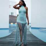 Women Summer Fringe Sexy Halter Neck Backless Dress