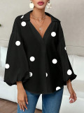 Women French polka dot half-open neckline puff long-sleeved top