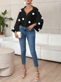 Women French polka dot half-open neckline puff long-sleeved top