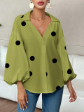 Women French polka dot half-open neckline puff long-sleeved top