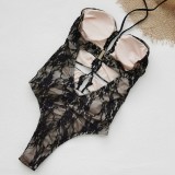 Women Strapless Halter Neck Lace-Up Hollow-Out Lace One-Piece swimwear