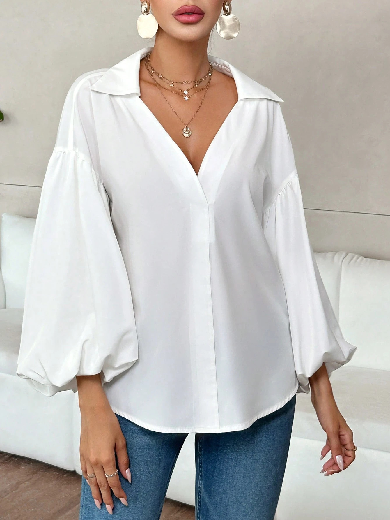 French Polka Dot Half-Open Neckline Puff Long-Sleeve Top