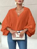 Women French polka dot half-open neckline puff long-sleeved top