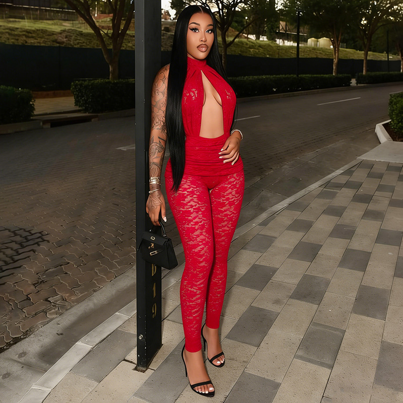 See-Through Backless Hollow-Out Lace Jumpsuit for Club Wear