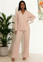 Women Spring Casual Button Long-Sleeved Shirt and Pant Two-Piece Set