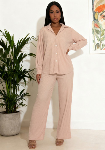 Women Spring Casual Button Long-Sleeved Shirt and Pant Two-Piece Set