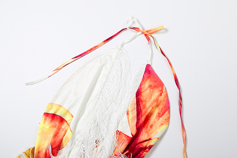 Printed Halter Backless V-Neck Top & Fringe Skirt Set