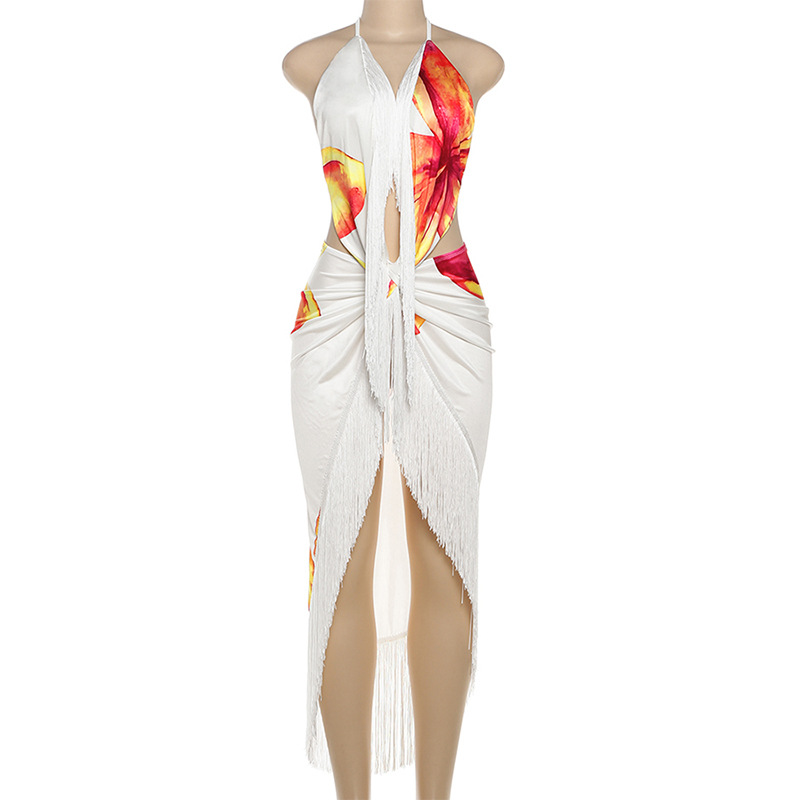 Printed Halter Backless V-Neck Top & Fringe Skirt Set