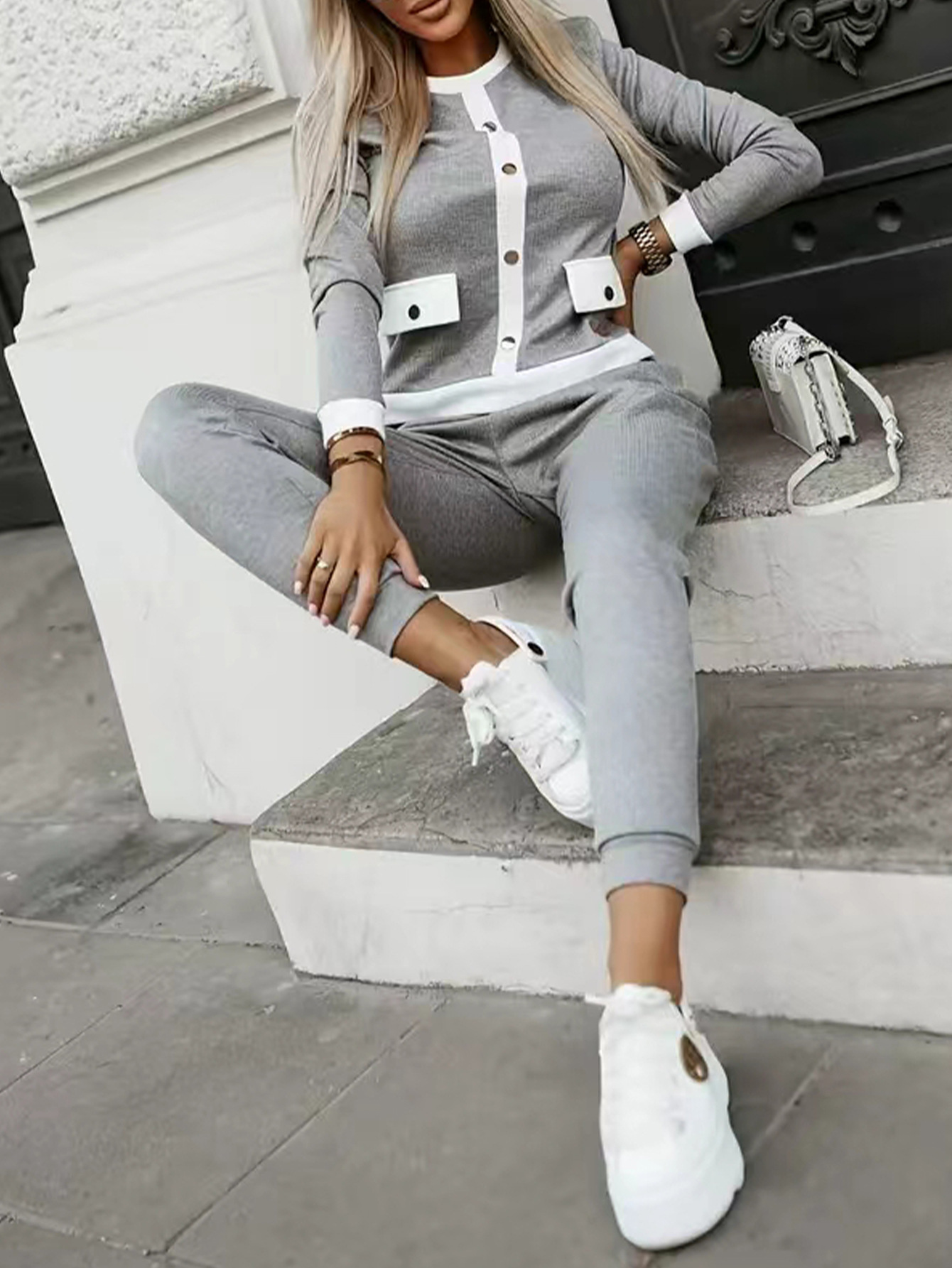 Patchwork Button Round Neck Long-Sleeve Top & Pants Set