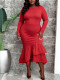 Women African Round Neck Long Sleeve Irregular Ruffle Fishtail Party Dress