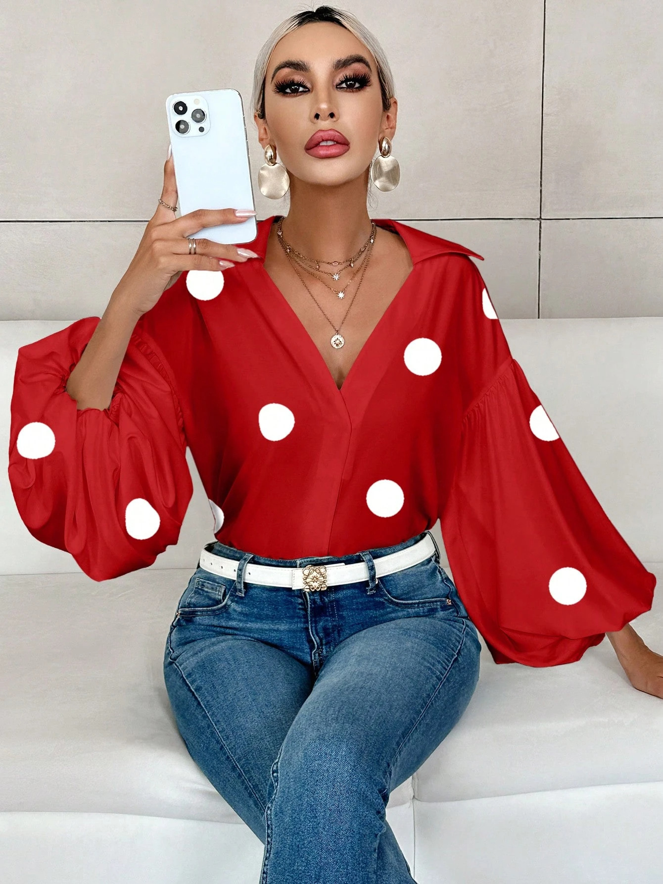 French Polka Dot Half-Open Neckline Puff Long-Sleeve Top