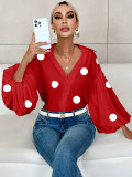 Women French polka dot half-open neckline puff long-sleeved top
