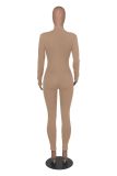 Women Spring and Autumn Ribbed Zipper Jumpsuit