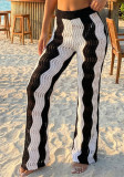 Women Holidays Casual Beach Color Block Patchwork Black and White Striped Color Block Hollow-Out Bell Bottom Trousers