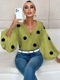 Women French polka dot half-open neckline puff long-sleeved top