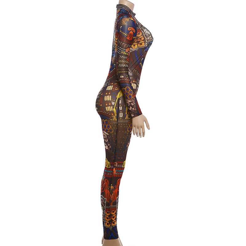 Mesh See-Through Printed Jumpsuit for Spring Evening Wear