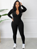 Women Spring and Autumn Ribbed Zipper Jumpsuit