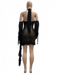 Women Spring/Summer Sexy Mesh See-Through Halter Neck Backless Lace-Up Pleated Dress