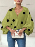 Women French polka dot half-open neckline puff long-sleeved top