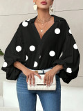 Women French polka dot half-open neckline puff long-sleeved top