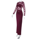 Women Sexy and Elegant Long-Sleeved Patchwork Lace See-Through Dress