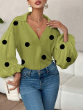 Women French polka dot half-open neckline puff long-sleeved top