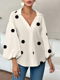 Women French polka dot half-open neckline puff long-sleeved top