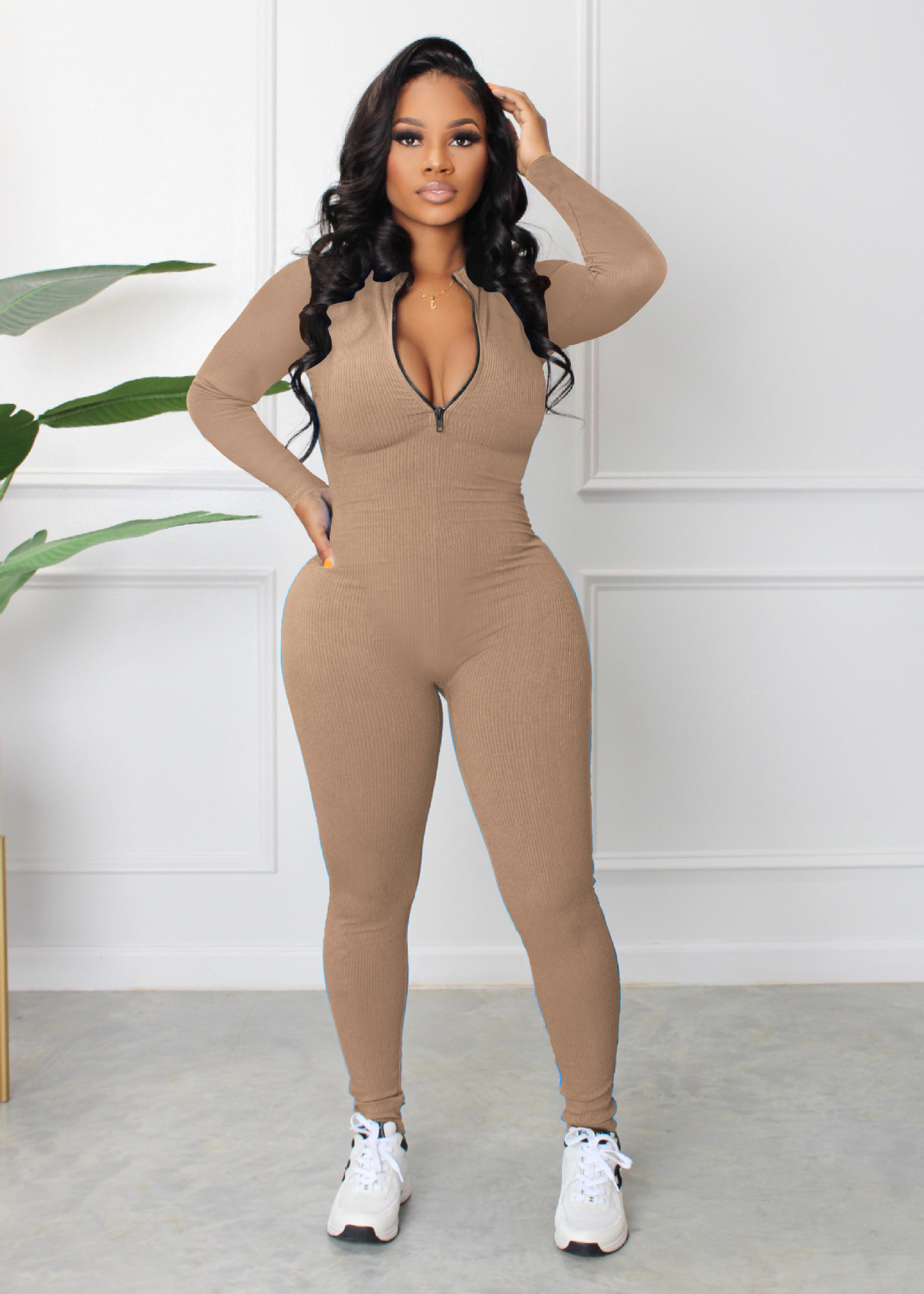 Ribbed Zipper Jumpsuit for Spring & Autumn Activewear