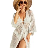 Women beach belt bell bottom sleeve hollowed-out cover-up knitting dress