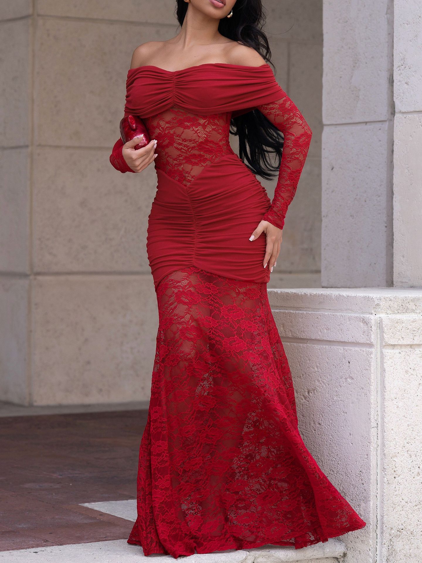 Off-Shoulder Long-Sleeve Lace Bodycon Dress for Evening Events