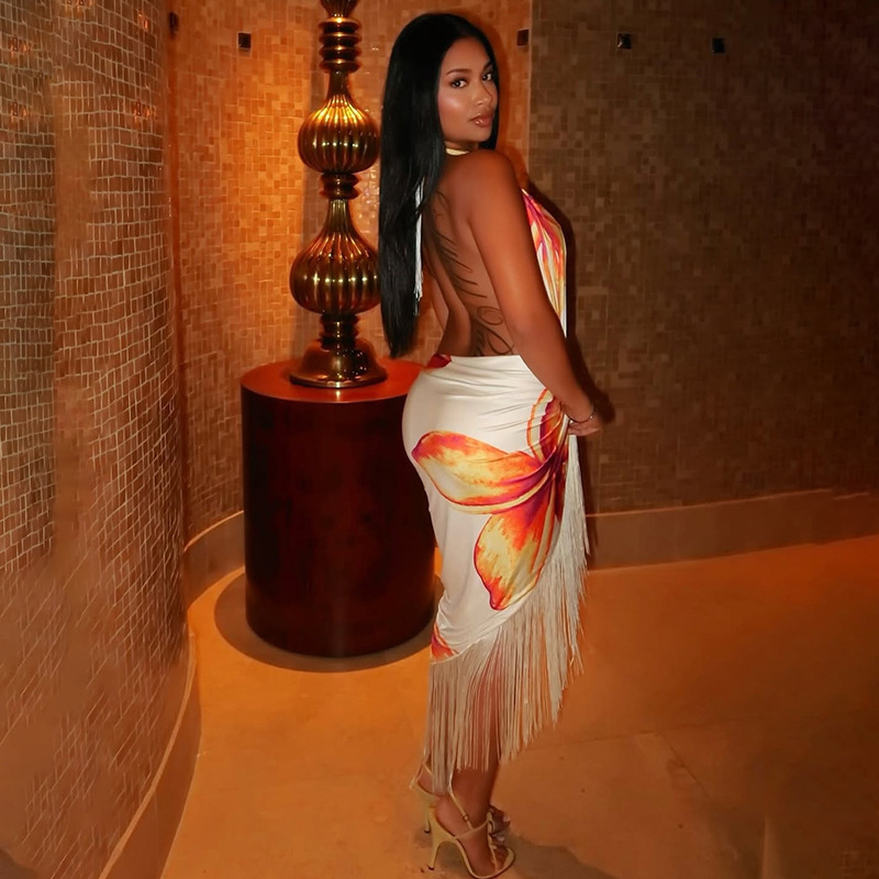 Printed Halter Backless V-Neck Top & Fringe Skirt Set