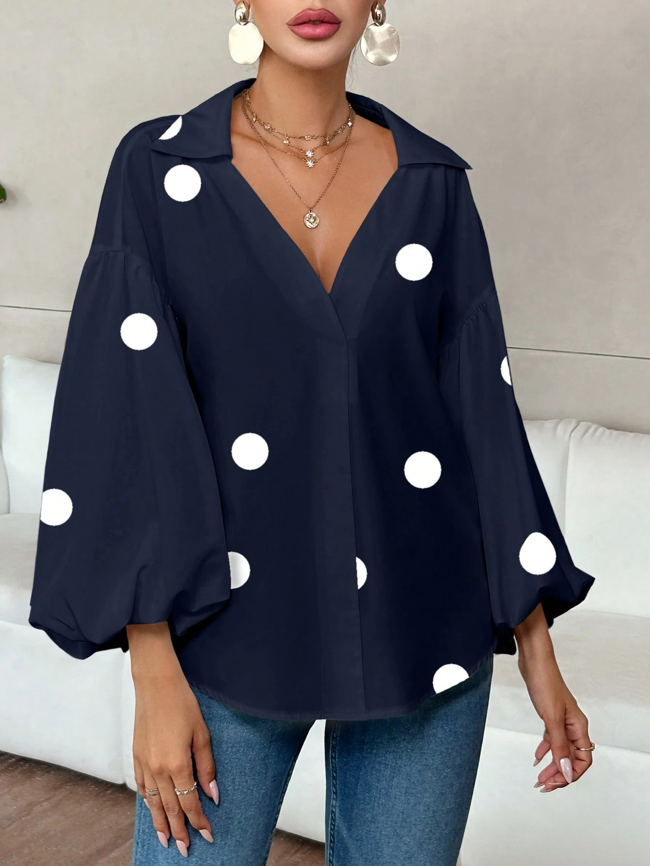 French Polka Dot Half-Open Neckline Puff Long-Sleeve Top