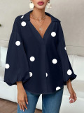 Women French polka dot half-open neckline puff long-sleeved top