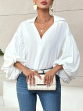 Women French polka dot half-open neckline puff long-sleeved top