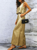 Women Spring/Summer Zipper Sleeveless Top and Bell Bottom Pant Casual Two-Piece Set
