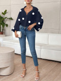 Women French polka dot half-open neckline puff long-sleeved top