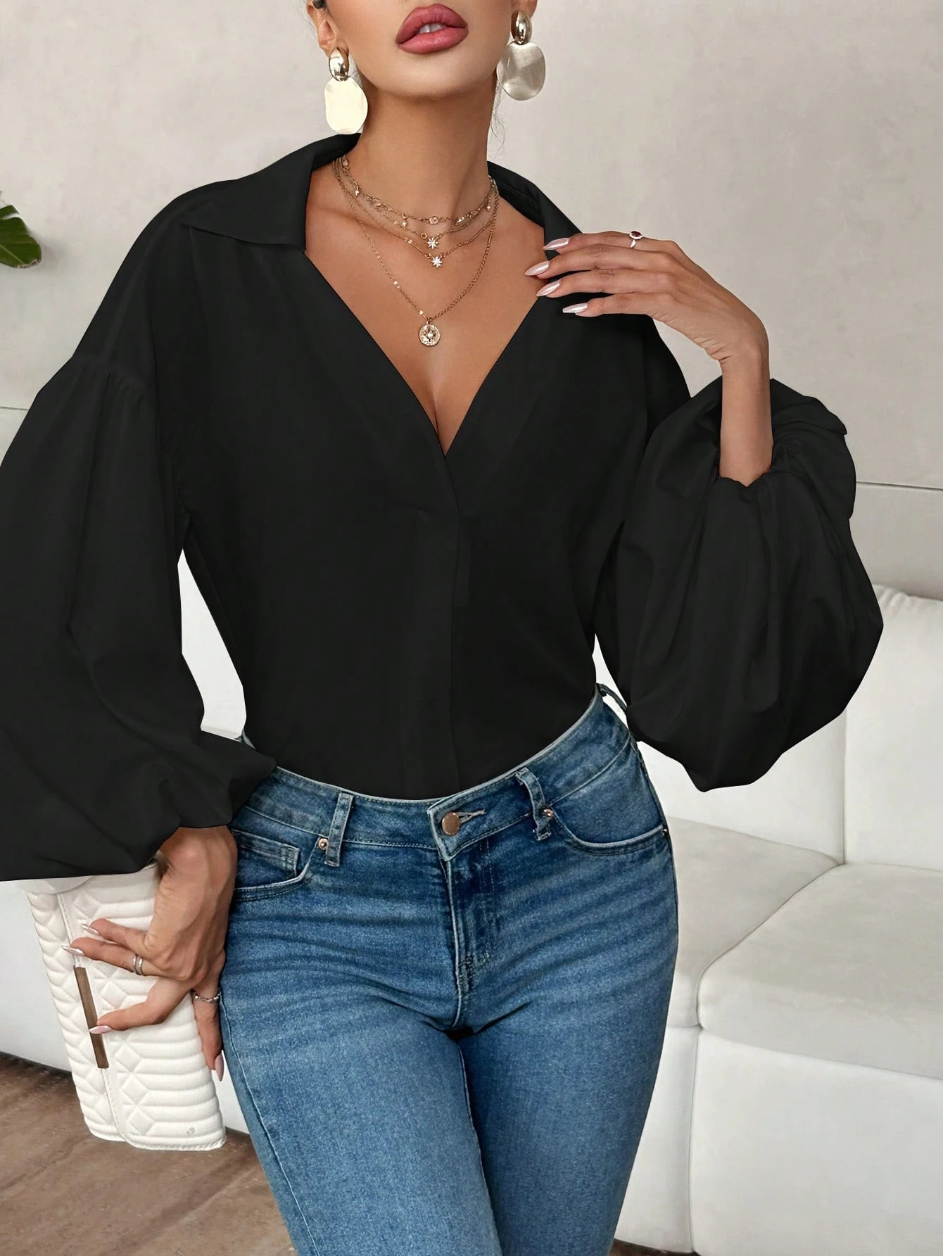 French Polka Dot Half-Open Neckline Puff Long-Sleeve Top