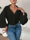 Women French polka dot half-open neckline puff long-sleeved top