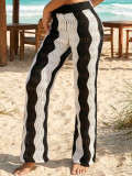Women Holidays Casual Beach Color Block Patchwork Black and White Striped Color Block Hollow-Out Bell Bottom Trousers
