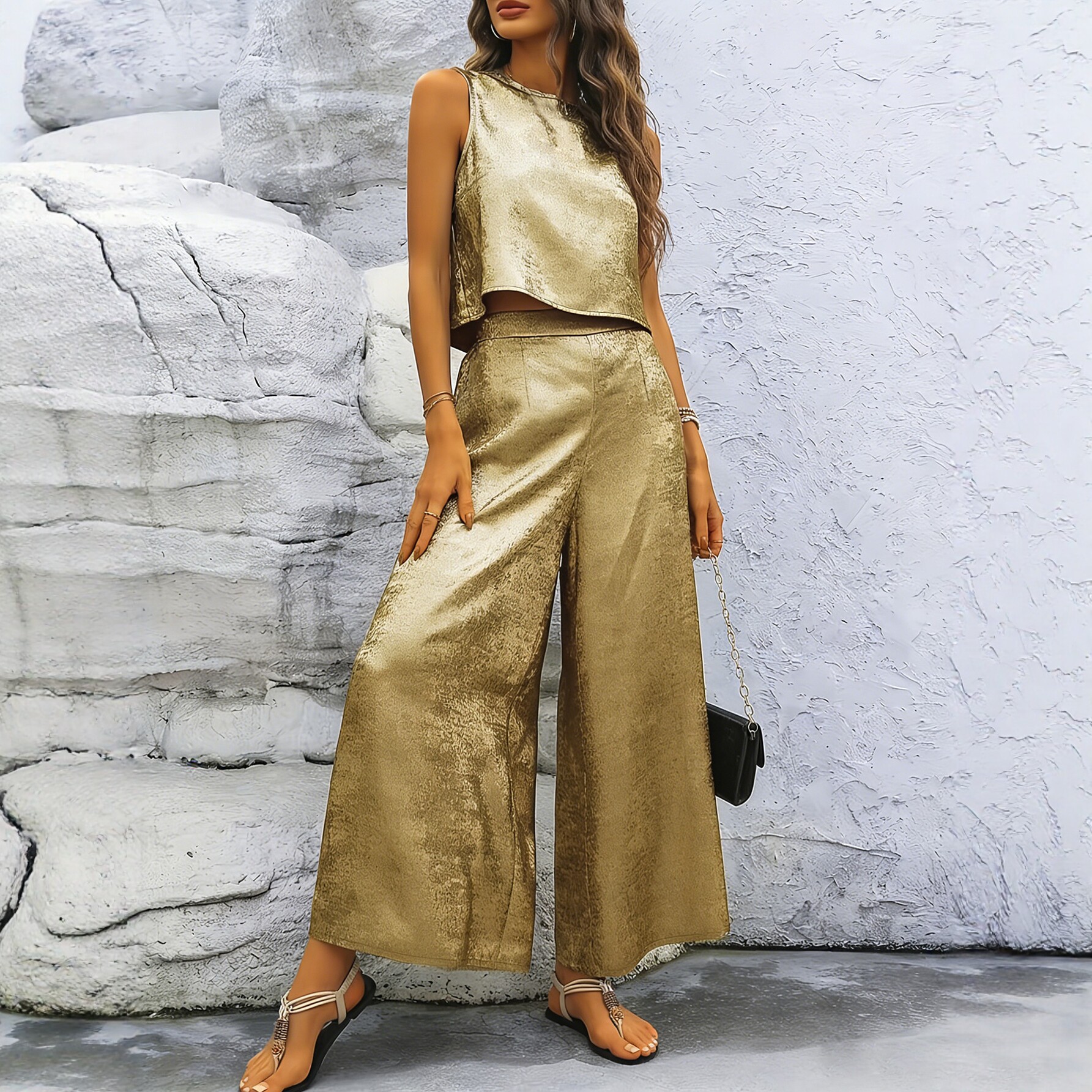 Zipper Sleeveless Top & Bell Bottom Pants Casual Two-Piece Set