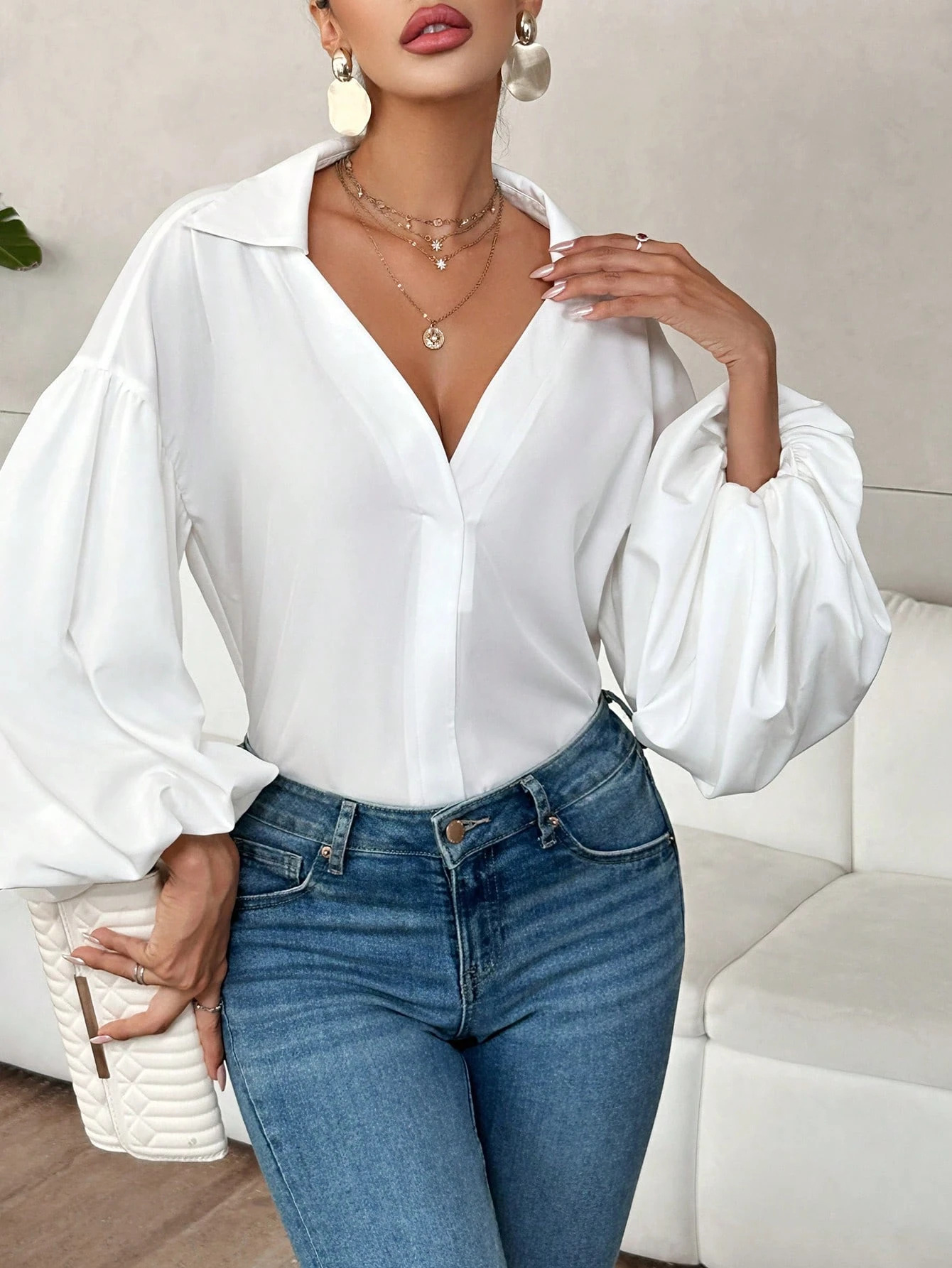 French Polka Dot Half-Open Neckline Puff Long-Sleeve Top